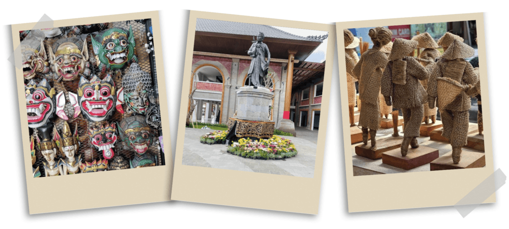 Craftsmanship and culture in Ubud, Bali, featuring traditional Balinese masks, a historic statue, and farmer figures made from natural fibers