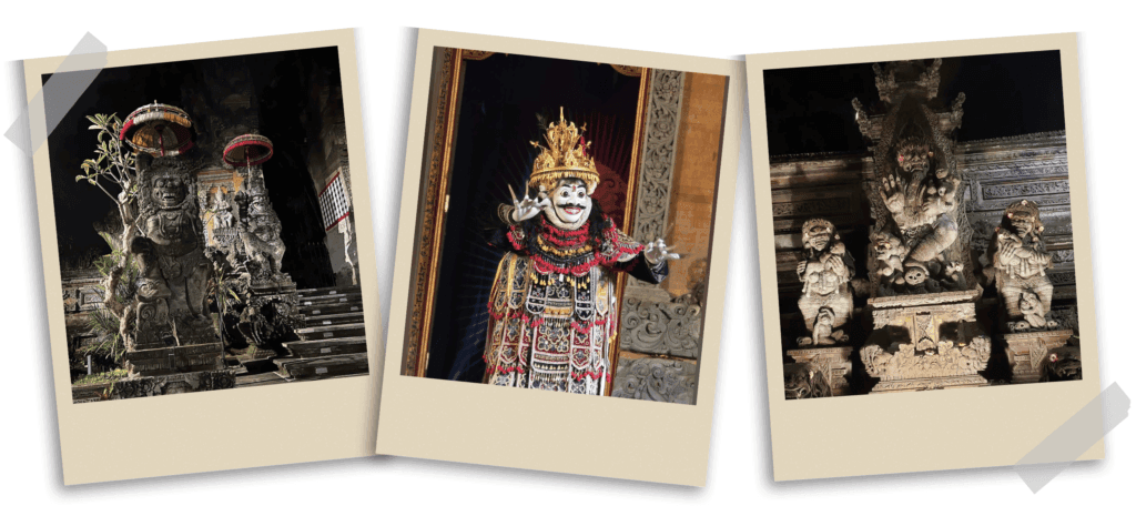 Traditional Balinese dance at Pura Dalem Ubud Temple, featuring a dancer in elaborate costumes and striking expressions, accompanied by intricately carved statues representing protective figures