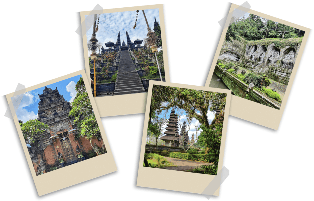 Four polaroid-style photos of Bali’s iconic temples, including Ubud Royal Palace, Besakih Temple, Pura Taman Ayun, and Goa Gajah, surrounded by lush nature