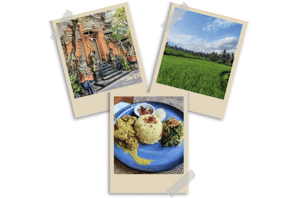 A essência de Bali, com a atmosfera cultural de Ubud, os arrozais exuberantes e um delicioso Nasi Campur servido em um prato tradicional